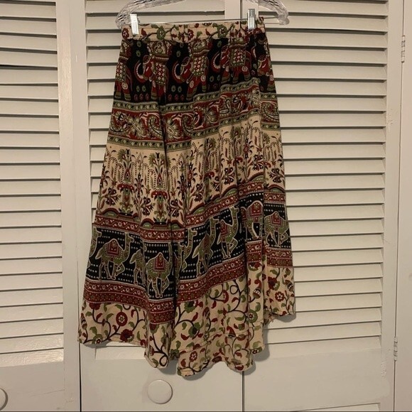 Boho Hippie Print Camel Elephant Floral Flowy Midi Skirt size Medium - Picture 1 of 7